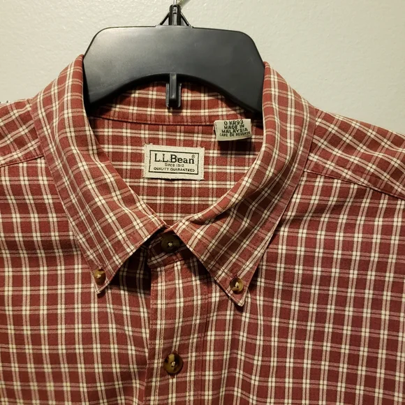 LL Bean Mens Button Down Red & White Plaid Men's XL Tall Heavy Fabric - Picture 2 of 9